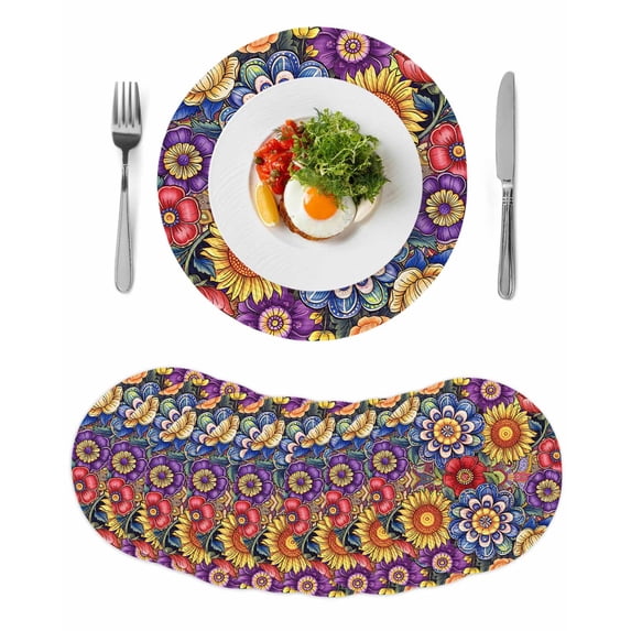 Boho Blue Flower Round 13 Inch Placemats Set of 8, Spring Bohemia Chic Red Yellow Floral HeatResistant Non Slip Place Mats for Dining Table, Wipeable Braided Kitchen Table Mats for Housewarming