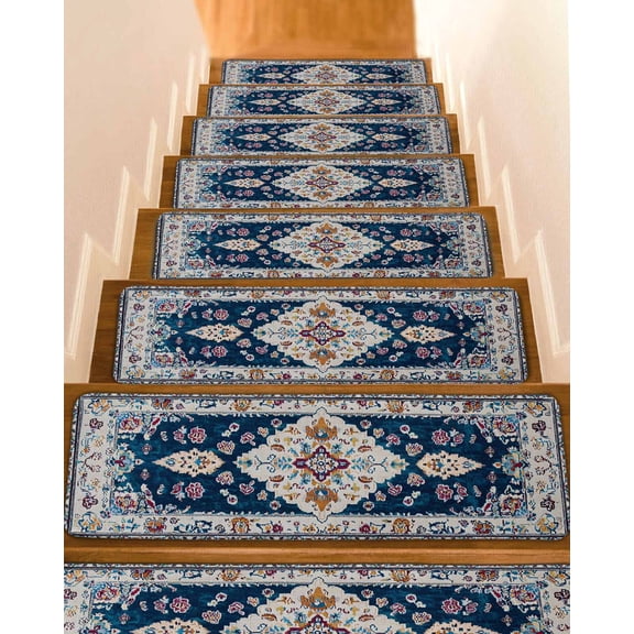 Boho Blue Flower Stair Treads for Wooden Steps Indoor Runner Rug Carpet, Rustic Oriental Farmhouse Mexican Aztec 7 Pieces Peel and Stick Staircase Step Treads Covers Washable Throw Door Mats, 30"x8"