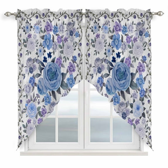 Boho Blue Flower Swag Valances for Windows, Kitchen Curtains 36 Inch Length 2 Panels Set, Spring Watercolor Country Floral Plant Short Curtains for Small Windows Rod Pocket Cafe Curtains 28"x36"