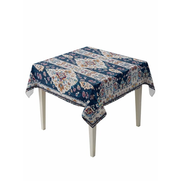 Boho Blue Flower Table Cloth, Waterproof Tablecloth for Square Tables, Rustic Oriental Farmhouse Mexican Aztec Reusable Washable Fabric Table Cover for Restaurant Kitchen Dining Tables 54"x54"