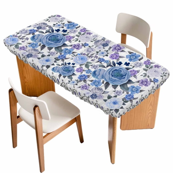 Boho Blue Flower Table Cloths for 3 Foot Rectangle Tables, Spring Watercolor Country Floral Plant Patio Waterproof Elastic Fitted Tablecloths, Washable Rectangular Table Cover for Camping