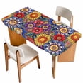 thumbnail image 1 of Boho Blue Flower Table Cloths for 4 Foot Rectangle Tables, Spring Bohemia Chic Red Yellow Floral Patio Waterproof Elastic Fitted Tablecloths, Washable Rectangular Table Cover for Camping, 1 of 8