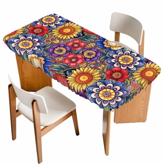Boho Blue Flower Table Cloths for 4 Foot Rectangle Tables, Spring Bohemia Chic Red Yellow Floral Patio Waterproof Elastic Fitted Tablecloths, Washable Rectangular Table Cover for Camping