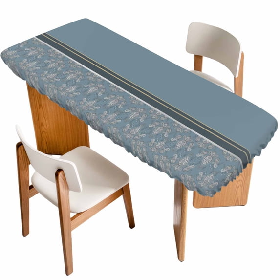 Boho Blue Flower Table Cloths for 8 Foot Rectangle Tables, Abstract Bohemia Pesley Floral Patio Waterproof Elastic Fitted Tablecloths, Washable Rectangular Table Cover for Camping