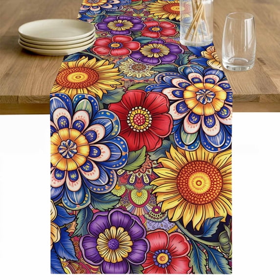 Boho Blue Flower Table Runner - 70 Inch Long Spring Bohemia Chic Red Yellow Floral Cotton and Linen Blended Dress Scarves Farmhouse Table Runner for Kitchen Dining, Coffee Table, 13" x 70"