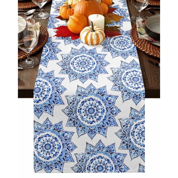 Boho Blue Flower Table Runner-Cotton Linen- 72 Inch Holiday Dresser Scarves, Mandala Tribal Patterns Ethnic Bohemian Tablerunner for Kitchen Coffee/Dining Bedroom Living Room Dinner Scarf Décor 18x72