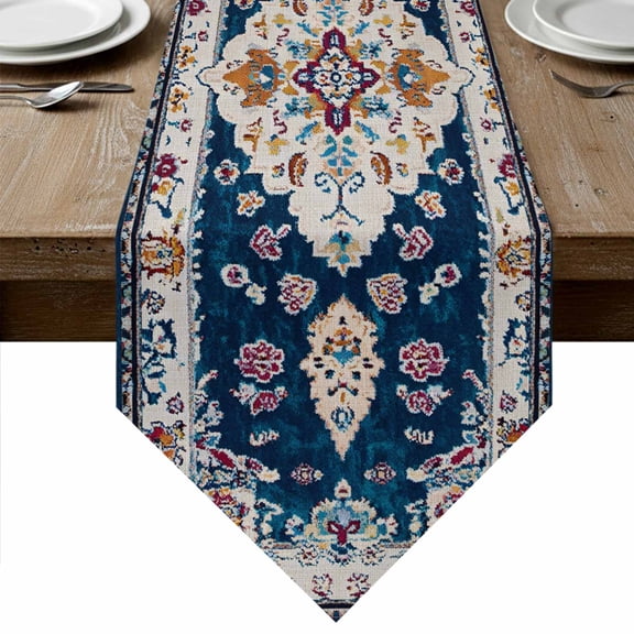 Boho Blue Flower Table Runner Linen Burlap Table Runner 36 Inches Small Rustic Oriental Farmhouse Mexican Aztec Dresser Scarves for Kitchen Island Coffee Dining Party Wedding Holiday Decor 13"x36"