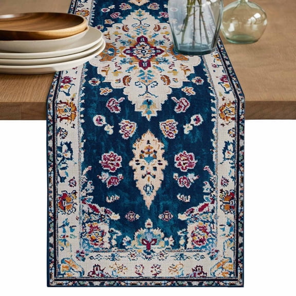 Boho Blue Flower Table Runner, Rustic Oriental Farmhouse Mexican Aztec Washable Cotton Linen Table Runners 72 Inches Long, Dresser Scarf Runner for Dining/Coffee/Kitchen/TV Stands/Cabinets 13''x72''