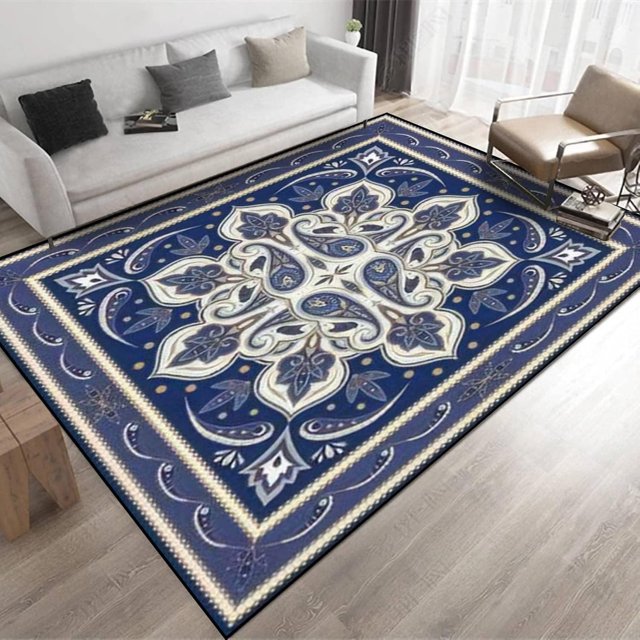 Boho Blue Flowers Area Rug, Morocco Style Large Rugs, Indoor NonSlip