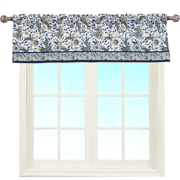 Boho Blue Flowers Boho Valance 52 x 16 Inches