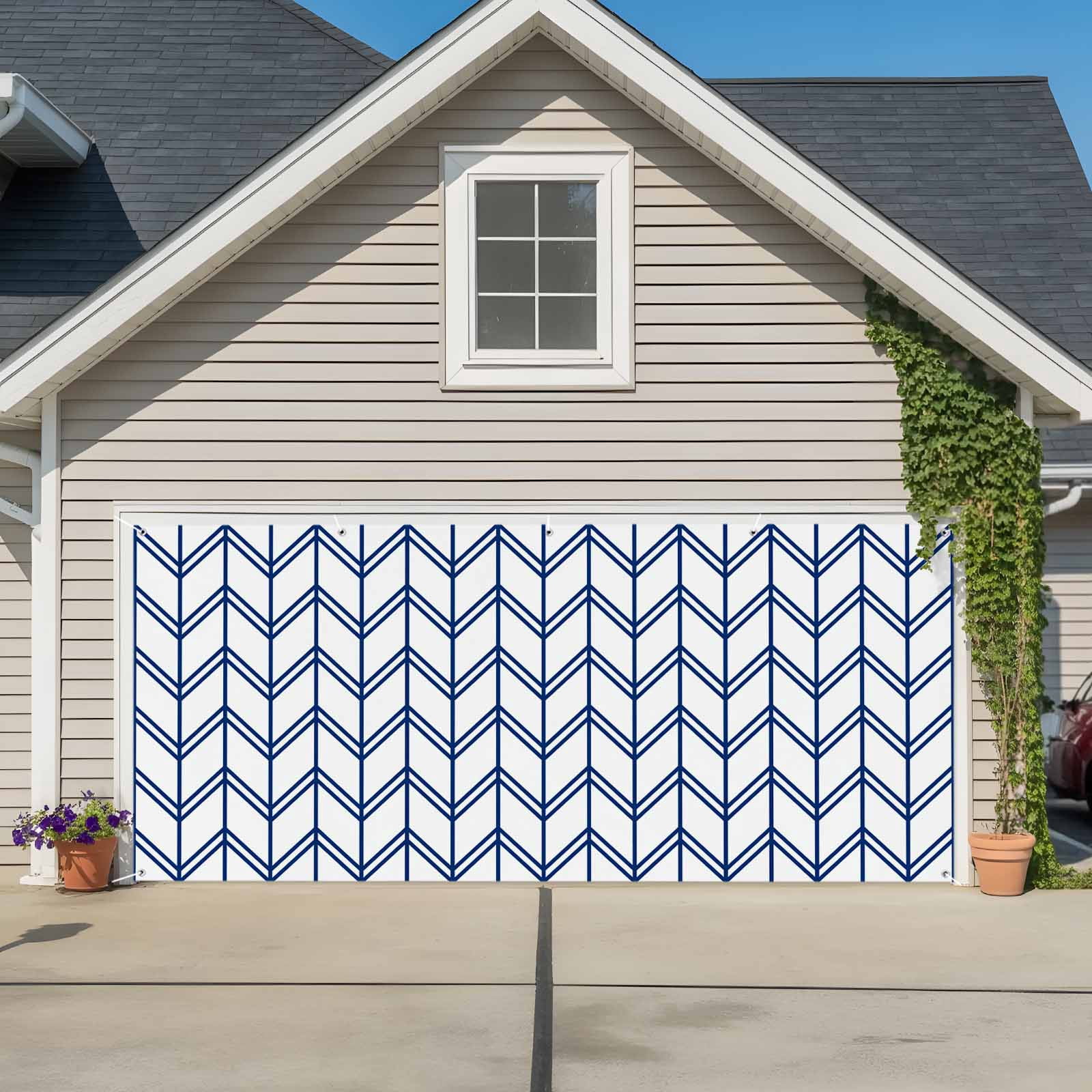 Boho Blue Garage Door Cover Banner 6 x 13 FT, White Chevron Stripes ...