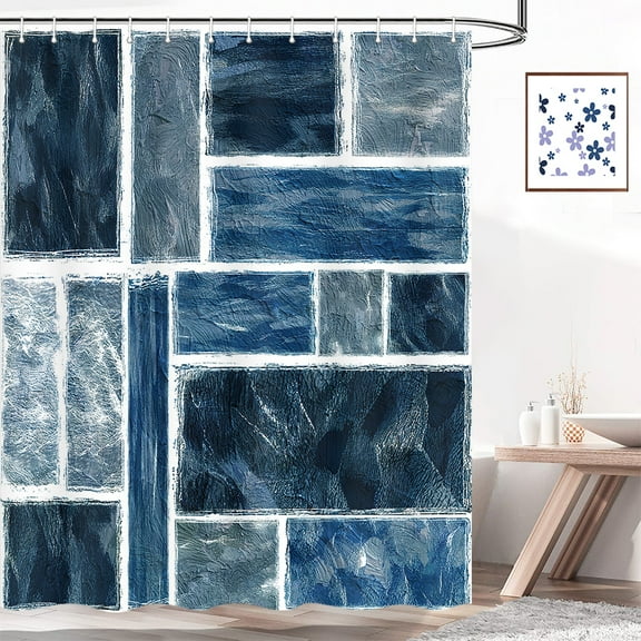 Boho Blue Geometric Shower Curtain, Modern Geometric Colorful Aesthetic Checks Block Pattern Shower Curtain Set for Boys Girls, Abstract Minimalist Style Oil Painting Bathroom Decor with 12 Hooks