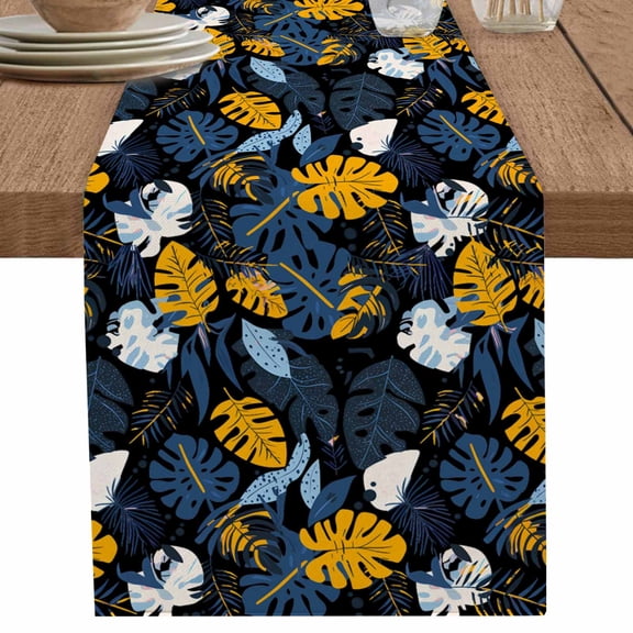 Boho Blue Gold Leaves on Black Table Runner-70 Inch Long Vintage Tropical Leaf Table Runners Linen Burlap Tablerunner for Kitchen Dining Room Holiday Party
