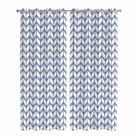 Boho Blue Kitchen Curtains 96 Inch Length, White Chevron Stripes Abstract Geometric Grommet Top Bedroom Living Room Curtains, Light Filtering Cafe Curtain Drapes 2 Panels Set 104''x96''