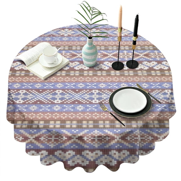 Boho Blue Knitted Ethnic Pattern Round Tablecloth 60"x60",Wrinkle Wipeable Table Cloth for Kitchen Dining Room Picnic Patio Party