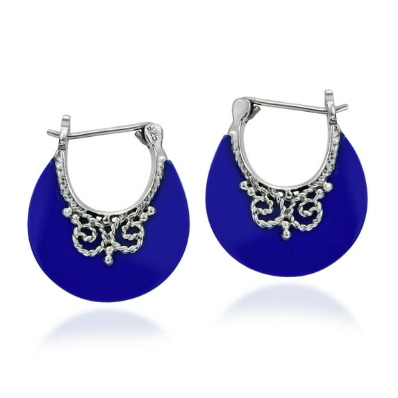 Boho Blue Lapis-Lazuli Bohemian Hoop Lock Retro Sterling Silver Earrings