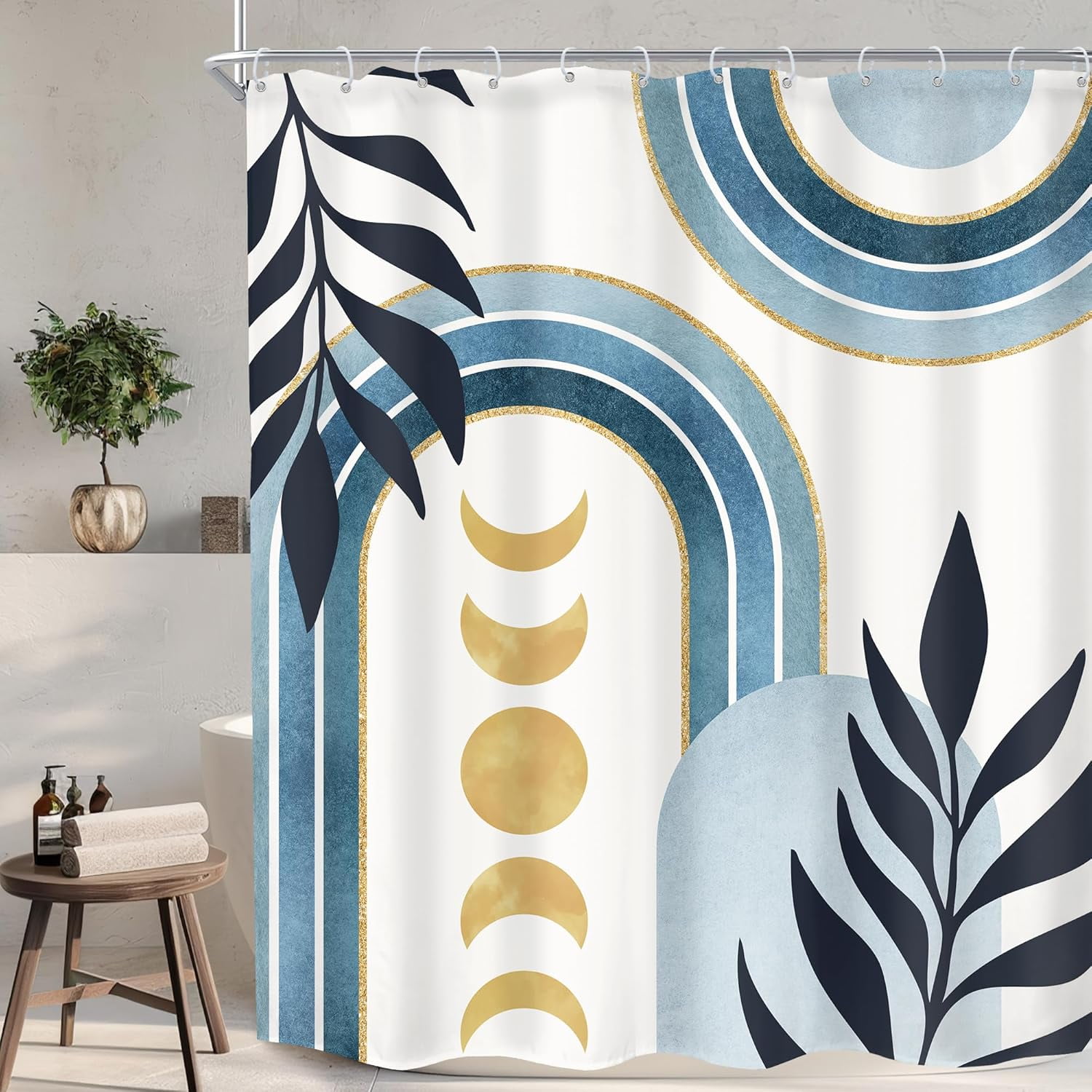 Black Cat Shower Curtain 60Wx72H Inches Gothic Moon Phase Flower Butterfly Witchy Stars Mystic Celestial Beige Cloth Fabric Waterproof Polyester Bath