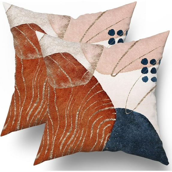 Boho Blue Orange Pink Pillow Covers 18x18 Set of 2 Modern Abstract Geometric Print Decorative Throw Pillows Mid Century PillowCase Square Cotton Farmhouse Cushion Case Decor for Couch Sofa Bed
