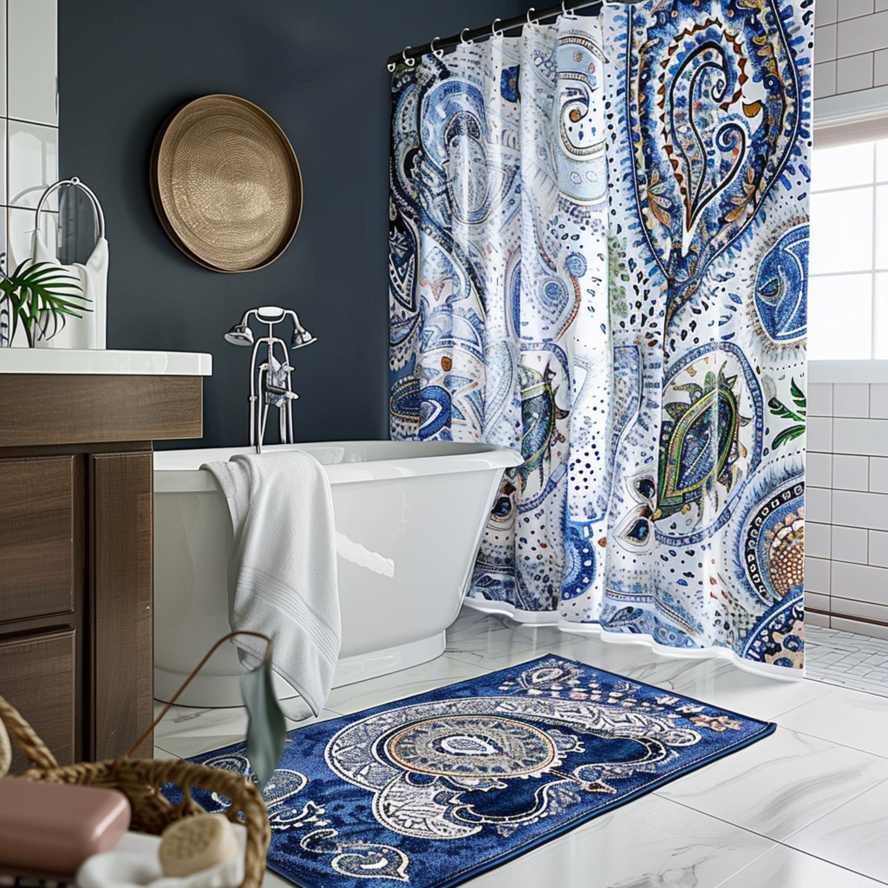 Boho Blue Paisley Shower Curtain Bathroom Decor with Matching & Mat