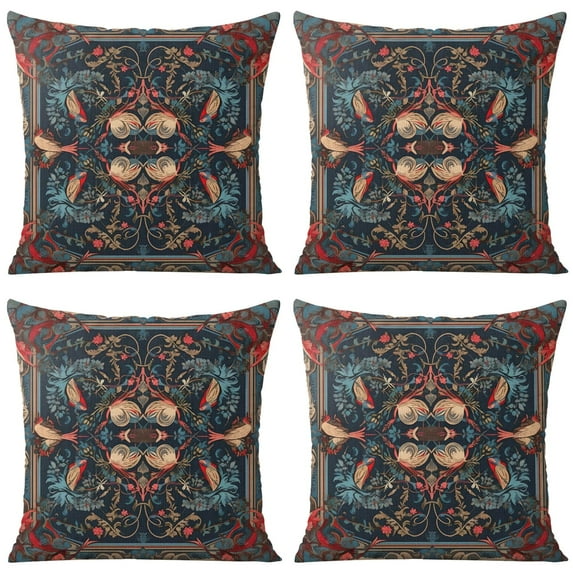 Boho Blue Pattern Ethnic Design Farmhouse Throw Pillow Covers 18 X 18 Inch, Set Of 4, Linen Study Sofa Cushion Cover Indoor Living Room Home Decor