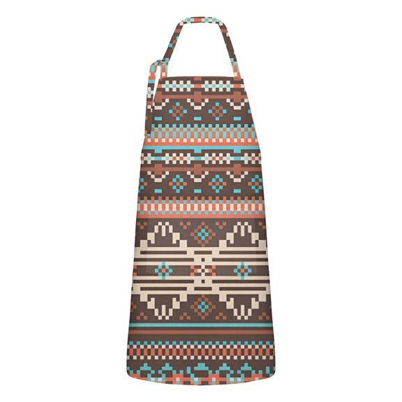 Boho Blue Pixel Ethnic Pattern Apron-Garden Aprons for Women with Pockets-Cotton Linen Waterproof Kitchen Cooking Gardening Aprons Adjustable for Kitchen,Cooking,BBQ and Salon 33x27 Inch
