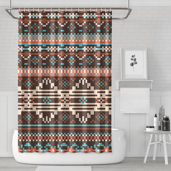 Boho Blue Pixel Ethnic Pattern Shower Curtain 72"x72" ,Bathroom Decorative Shower Curtains Set with 12 Hooks,Modern Waterproof Washable Shower Curtain