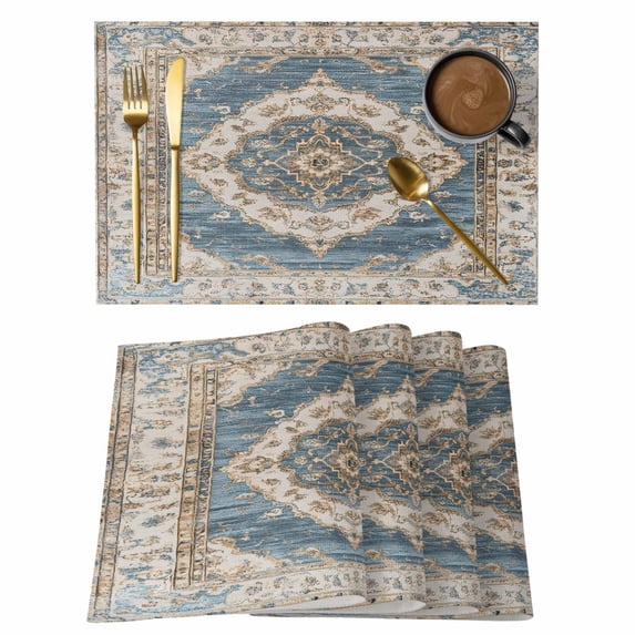 Boho Blue Placemats Set of 12, Cotton Linen Fabric Place Mats, Retro Tribal Traditional Distressed Printed Washable Decorative Table Mats Protector for Home Kitchen Dining Wedding Party Coffee Tables