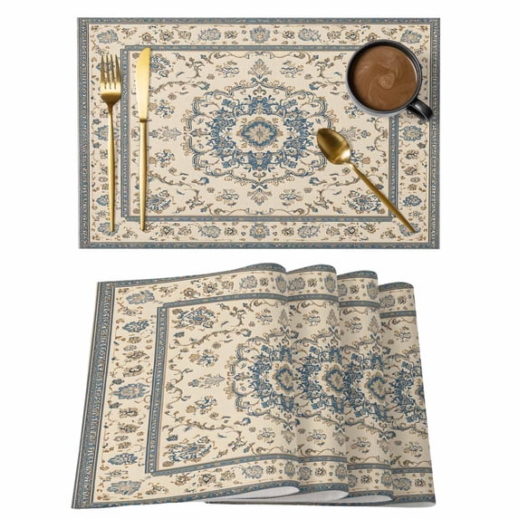 Boho Blue Placemats Set of 12 Southwestern Ethnic Geometric Rustic Place Mats Indoor Wipeable Table Mats Washable Cloth Dining Table Placemats for Kitchen Holiday Party Home Decor 13x19 Inch