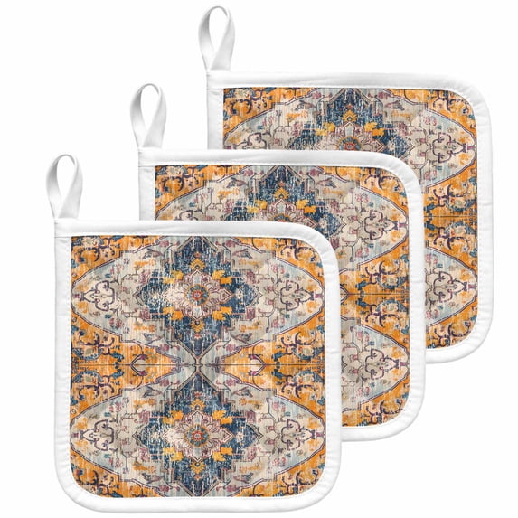 Boho Blue Pot Holders for Kitchen Heatproof Potholder, 3 Pack Ethnic Middle Century Geometric Abstract Art Hot Pads Multipurpose Oven Pads Cloth Potholders Trivet for Cooking Baking