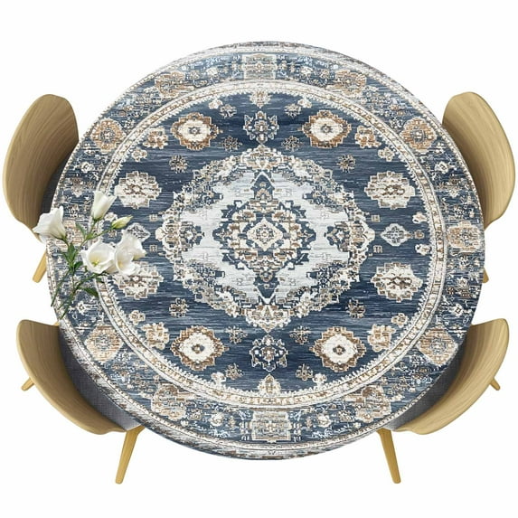 Boho Blue Round Tablecloth 36-44 Inch Round Fitted Table Cloth with Elastic Edge, Ethnic Floral Geometric Southwestern Vintage Waterproof Table Cover Protector for Outdoor Picnic Party Dining