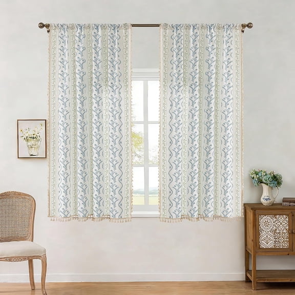 Boho Blue Sage Floral Curtains 63 Inch Long 2 Panels Semi Sheer Tassel Window Drapes with Rod Pocket for Living Room Bedroom