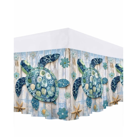 Boho Blue Sea Turtle Bed Skirt Queen Size 16" Drop Floral Wood Grain Starfish Vintage Ruffled Wrap Around Bed Skirts Adjustable Elastic Bedskirt Dust Ruffle for Queen Size Bed