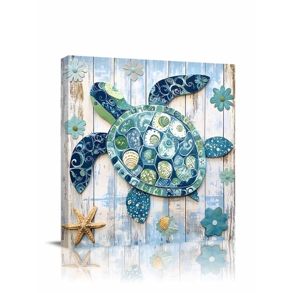Boho Blue Sea Turtle Canvas Wall Art, Floral Wood Grain Starfish Vintage Framed Wall Decor Modern Artwork Prints Painting for Living Room, Bedroom, Kitchen & Cafe Decor 8x8 Inch