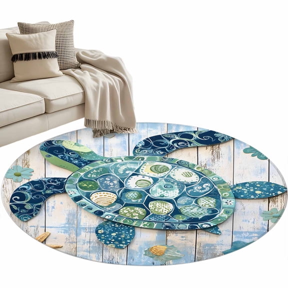 Boho Blue Sea Turtle Round Area Rug 4ft Floral Wood Grain Non-Slip Washable Circle Rugs Soft Felt Indoor Floor Mat for Bedroom Kitchen Living Room Bathroom