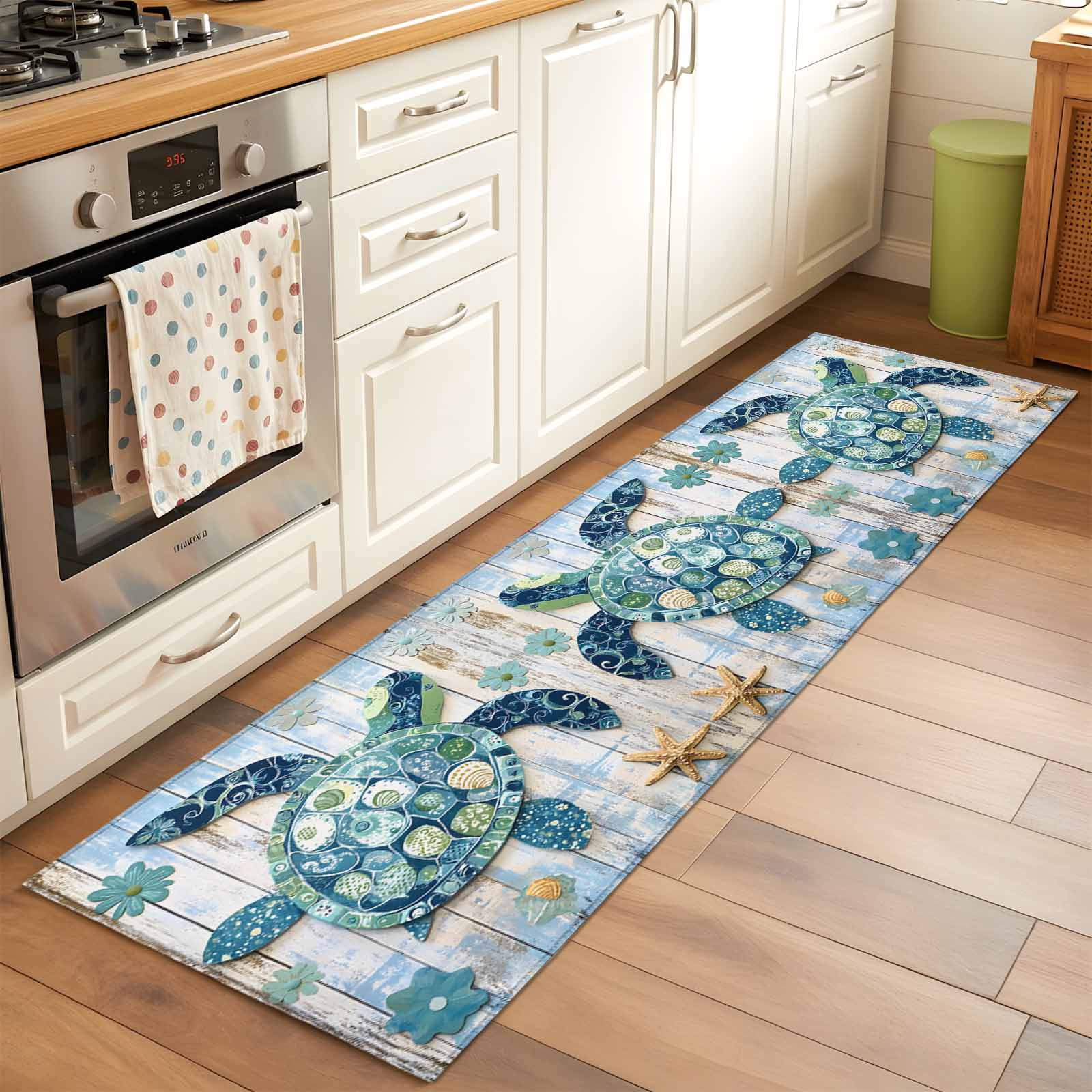 Turtle Rug Runner Boho Blue Sea Turtle Runner Rug for Hallway 2x6ft, Floral Wood Grain ...