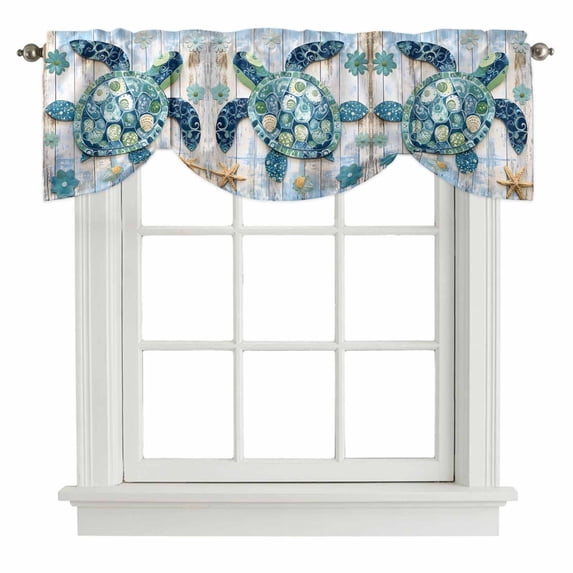 Boho Blue Sea Turtle Tie Up Window Valance Floral Wood Grain Starfish Vintage Tie-up Valance for Kitchen Windows Adjustable Small Curtain Balloon Shades for Kitchen Bathroom Cafe 60x18inch