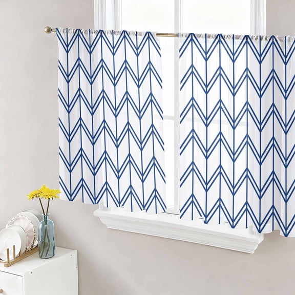 Boho Blue Semi Sheer Curtains 45 Inch Length 2 Panels Set, White Chevron Stripes Abstract Geometric Sheer Kitchen Curtain Privacy Voile Window Curtain for Living Room Bedroom Rod Pocket Drapes