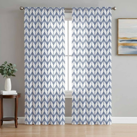 Boho Blue Semi Sheer Curtains 84 Inch Length 2 Panels Set, White Chevron Stripes Abstract Geometric Sheer Kitchen Curtain Privacy Voile Window Curtain for Living Room Bedroom Rod Pocket Drapes