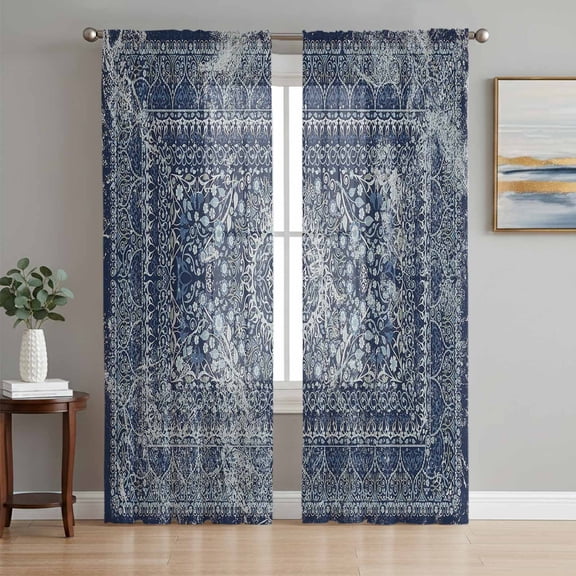Boho Blue Semi Sheer Window Curtains 72 Inches Long, Vintage Ethnic Modern Geometric Abstract Rod Pocket Voile Silky Chiffon Curtain Light Filtering Drapes for Living Room, Kitchen, 52"x72", 2 Panels