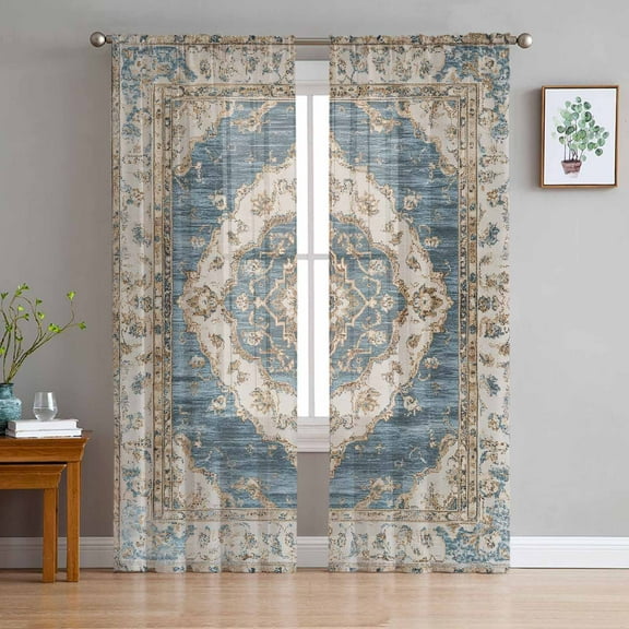 Boho Blue Sheer Curtains 84 Inches Long 2 Panels Set, Window Sheer Curtains for Living Room/Bedroom, Retro Tribal Traditional Distressed Printed Light Filtering Rod Pocket Curtain 52'' x 84'' x 2