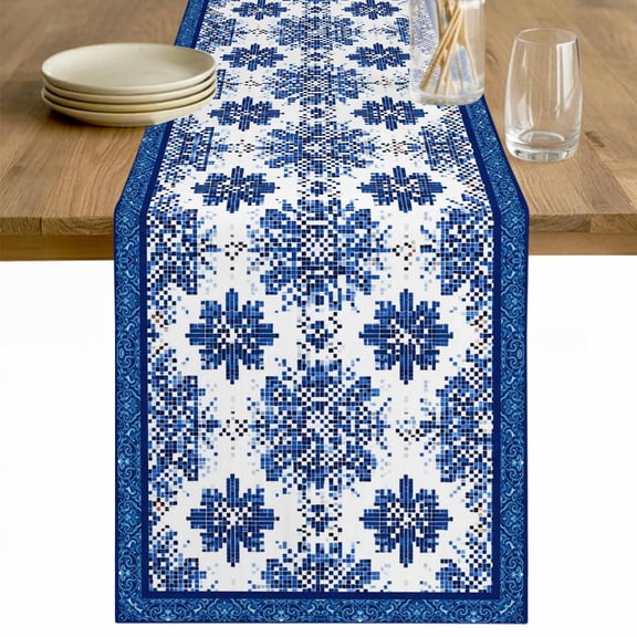 Boho Blue Southwest Table Runner - 36 Inch Long Ethnic Western Geometric Abstract Cotton and Linen Blended Dress Scarves Farmhouse Table Runner for Kitchen Dining, Coffee Table, 13" x 36"