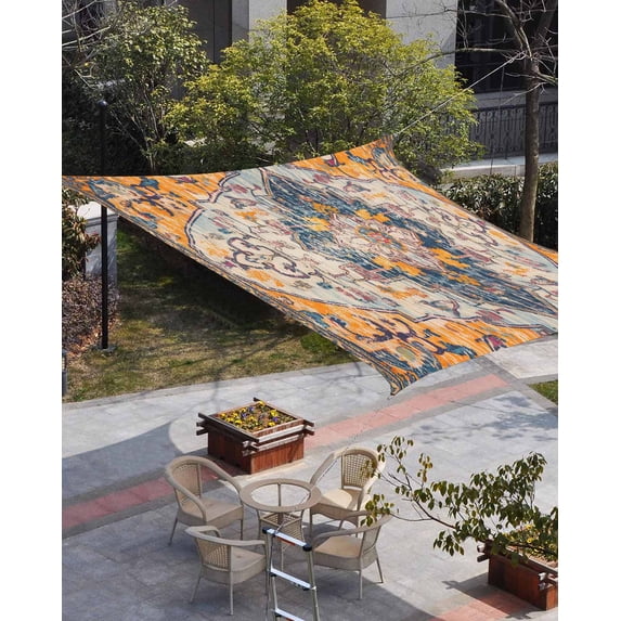 Boho Blue Sun Shade Sail 14'x18' Rectangle Outdoor Shade Canopy, Ethnic Middle Century Geometric Abstract Art Porch Shades Outdoor Sun Blocking Screen, Sunshade Cloth Covers for Patio/Deck/Garden