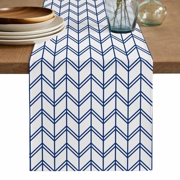 Boho Blue Table Runner, White Chevron Stripes Abstract Geometric Washable Cotton Linen Table Runners 36 Inches Long, Dresser Scarf Runner for Nightstand/End Tables/Round Tables 13''x36''
