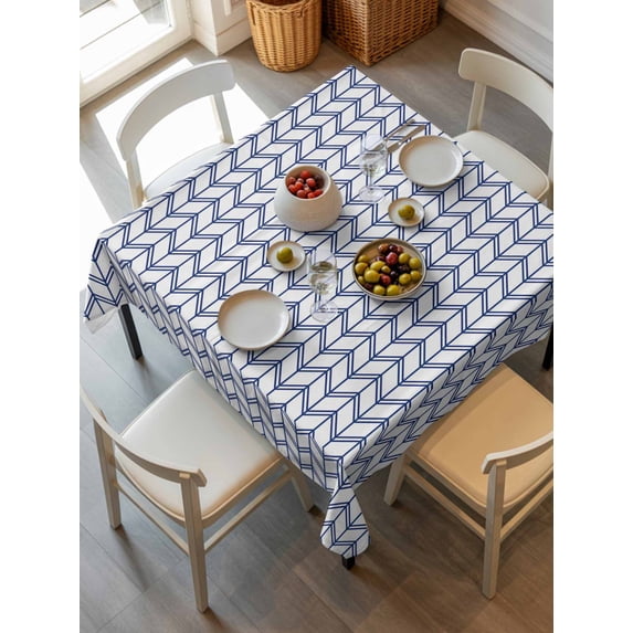 Boho Blue Tablecloth Square Table Cloth 60x60,Waterproof Outdoor Table Cloth Covers Decorative Table Protector,White Chevron Stripes Abstract Geometric Washable Table Cover for Kitchen Dinning Party