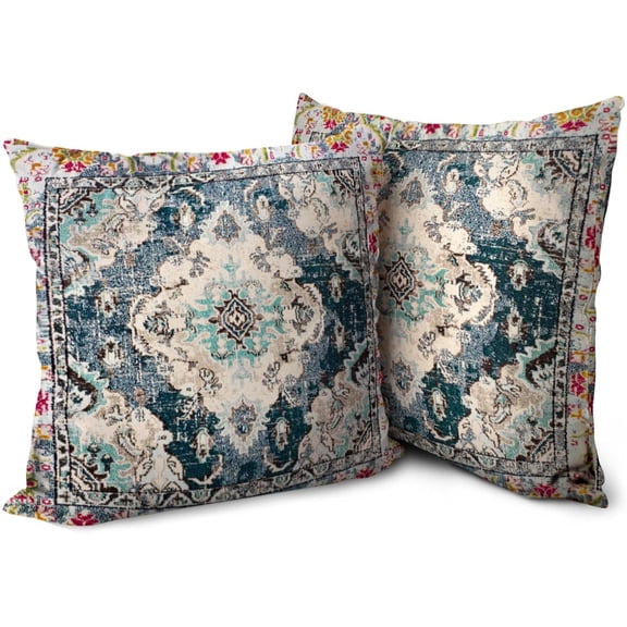 Boho Blue Throw Pillow Covers 20x20 inch Set of 2, Bohemian Carpet Double Sided Pattern Soft Plush Cushion Cover for Couch Sofa Bed Decorative, Only Pillowcase (No Insert)