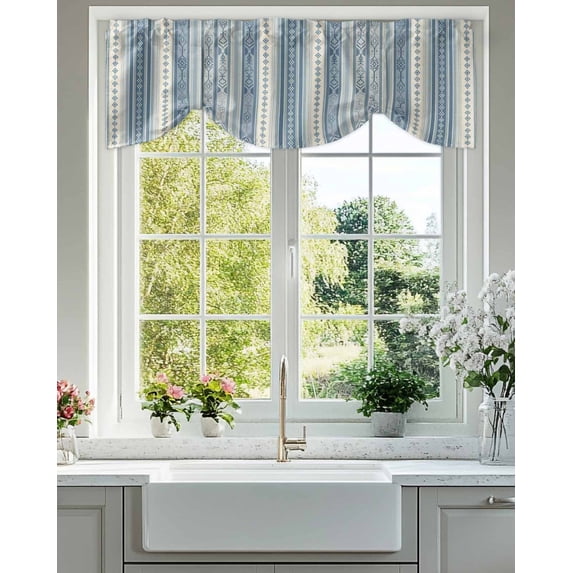 Boho Blue Tie Up Valances Curtain, Adjustable Kitchen Stripes Abstract Geometric Texture Valances for Windows Decor, Rod Pocket Short Curtains Set for Bedroom/Bathroom, 54"x18"
