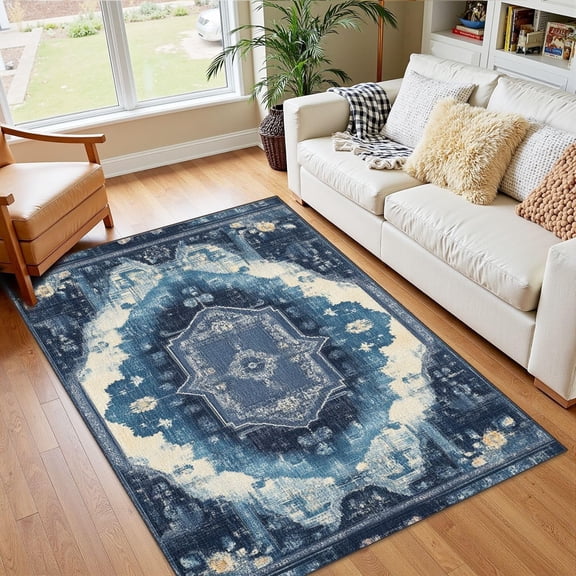 Boho Blue Vintage Area Rug, Geometric Floral Pattern Carpet, Washable Non Slip Low Pile Soft Thin, Living Room Bedroom Study Office Home Decor Mat 2x3ft