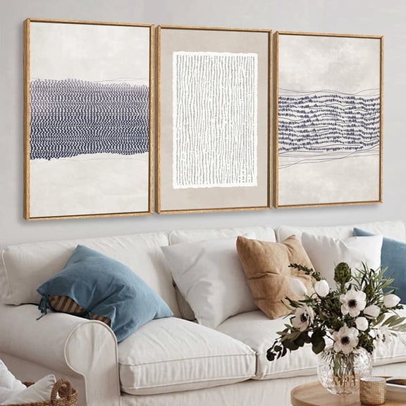 TOARTi Boho Blue White Abstract Framed Canvas Wall Art Minimalist Waves Lines Geometric Print Mid Century Modern Neutral Decor Set of 3 for Living Room Bedroom Office 16x24 Inch