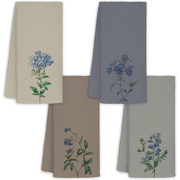 Boho Blue Wildflower Hand Towels for Bathroom Set of 4, Neutral Botanical Decorative Towels for Kitchen Spa Guest Bathroom Decor, 16x24 Inch
