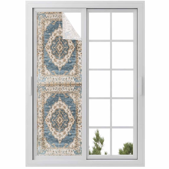 Boho Blue Window Privacy Film, Retro Tribal Traditional Distressed Printed Static Cling UV Sun Blocking Heat Control Window Tint, Non-Adhesive One Way Windows Privacy Cover 17.7''x78.7''